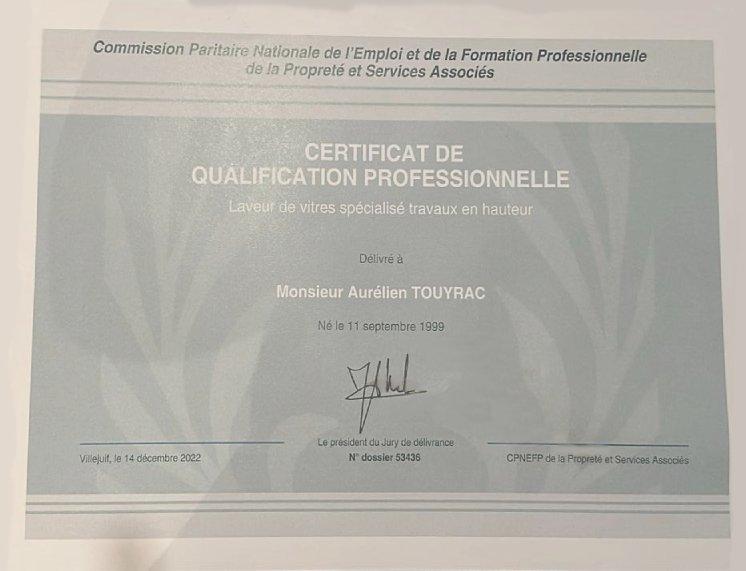 diplôme nettoyeur de vitres pro VIZION NET